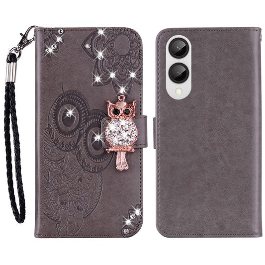 For Samsung Galaxy S25 Edge Wallet Case Owl Flower Imprinted Rhinestone Leather Cover - Grey