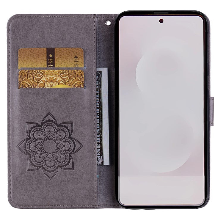 For Samsung Galaxy S25 Edge Wallet Case Owl Flower Imprinted Rhinestone Leather Cover - Grey