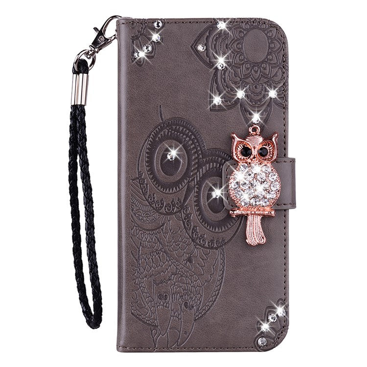 For Samsung Galaxy S25 Edge Wallet Case Owl Flower Imprinted Rhinestone Leather Cover - Grey