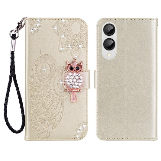 For Samsung Galaxy S25 Edge Wallet Case Owl Flower Imprinted Rhinestone Leather Cover - Gold