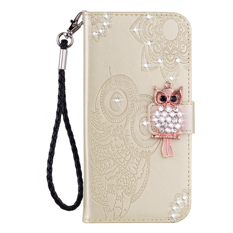 For Samsung Galaxy S25 Edge Wallet Case Owl Flower Imprinted Rhinestone Leather Cover - Gold