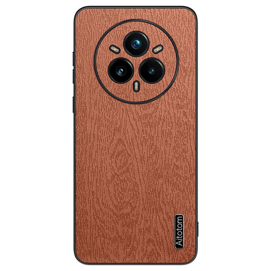 For Realme 14 Pro+ 5G Case Wood Texture PU Leather Coated PC TPU Phone Cover - Brown