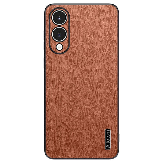 For Samsung Galaxy S25 Edge Case Wood Texture PU Leather Coated PC TPU Phone Cover - Brown