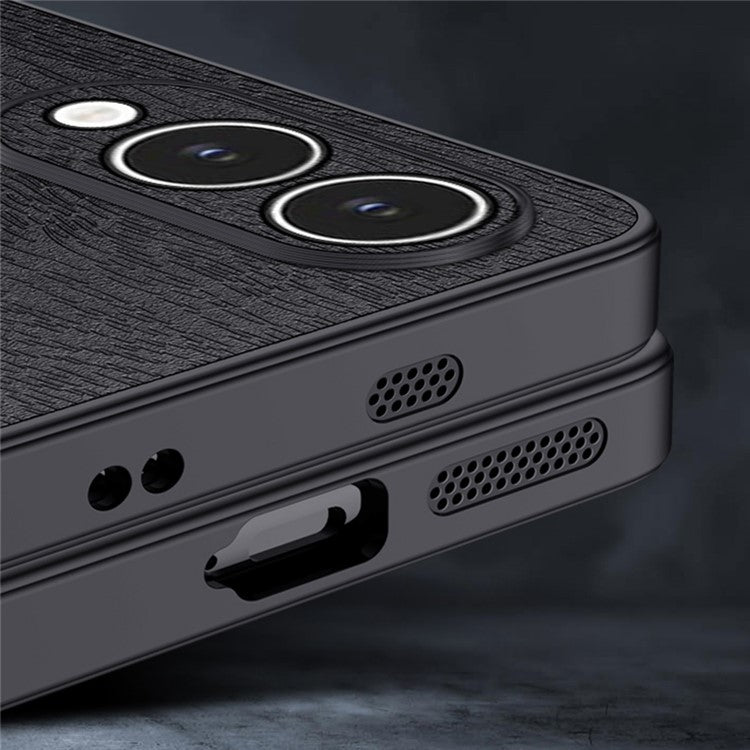 For Samsung Galaxy S25 Edge Case Wood Texture PU Leather Coated PC TPU Phone Cover - Brown