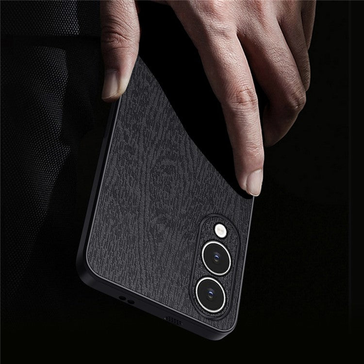 For Samsung Galaxy S25 Edge Case Wood Texture PU Leather Coated PC TPU Phone Cover - Grey