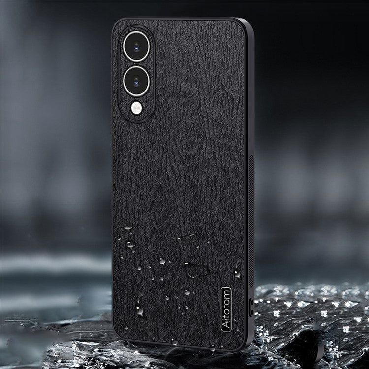 For Samsung Galaxy S25 Edge Case Wood Texture PU Leather Coated PC TPU Phone Cover - Grey