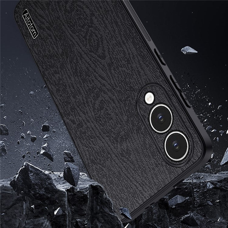For Samsung Galaxy S25 Edge Case Wood Texture PU Leather Coated PC TPU Phone Cover - Grey