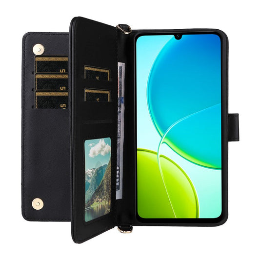 For vivo Y04 4G / Y29s 5G Case with Shoulder Strap Wallet Leather Phone Cover - Black