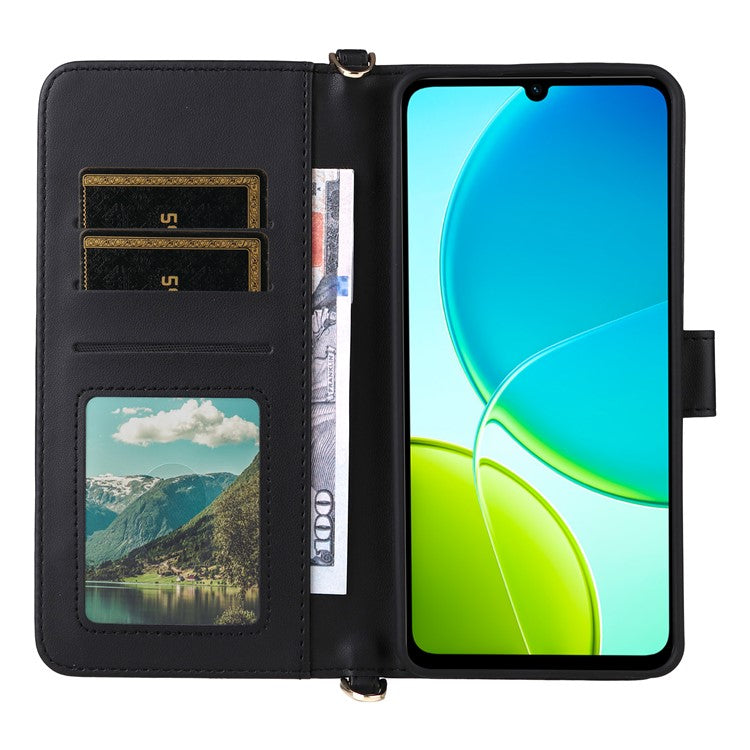 For vivo Y04 4G / Y29s 5G Case with Shoulder Strap Wallet Leather Phone Cover - Black