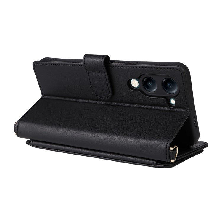 For vivo Y04 4G / Y29s 5G Case with Shoulder Strap Wallet Leather Phone Cover - Black