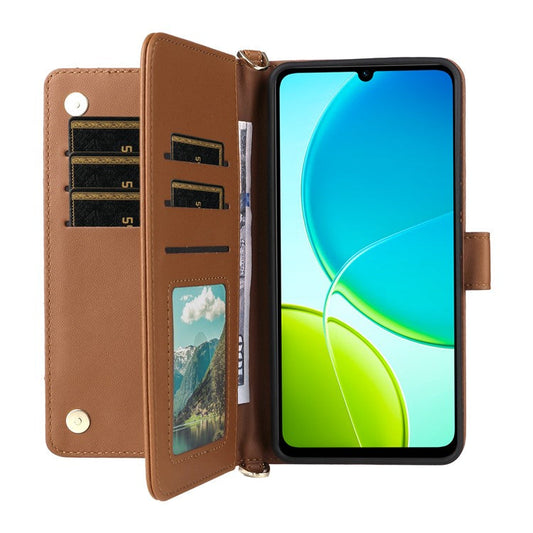 For vivo Y04 4G / Y29s 5G Case with Shoulder Strap Wallet Leather Phone Cover - Brown