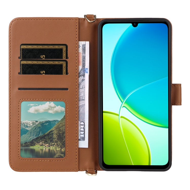 For vivo Y04 4G / Y29s 5G Case with Shoulder Strap Wallet Leather Phone Cover - Brown