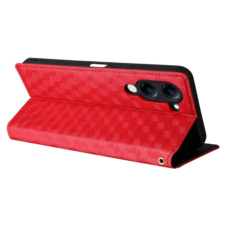 For vivo Y04 4G / Y29s 5G Case Wallet Rhombus Imprinted Leather Phone Cover - Red