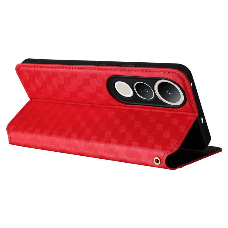 For vivo V50 Lite 4G / 5G Case Wallet Rhombus Imprinted Leather Phone Cover - Red