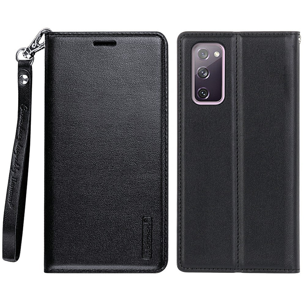 HANMAN Minuo Series for Samsung Galaxy S20 FE / S20 FE 5G / S20 FE 2022 / S20 Lite Wallet Phone Case PU Leather Foldable Stand Magnetic Cover - Black
