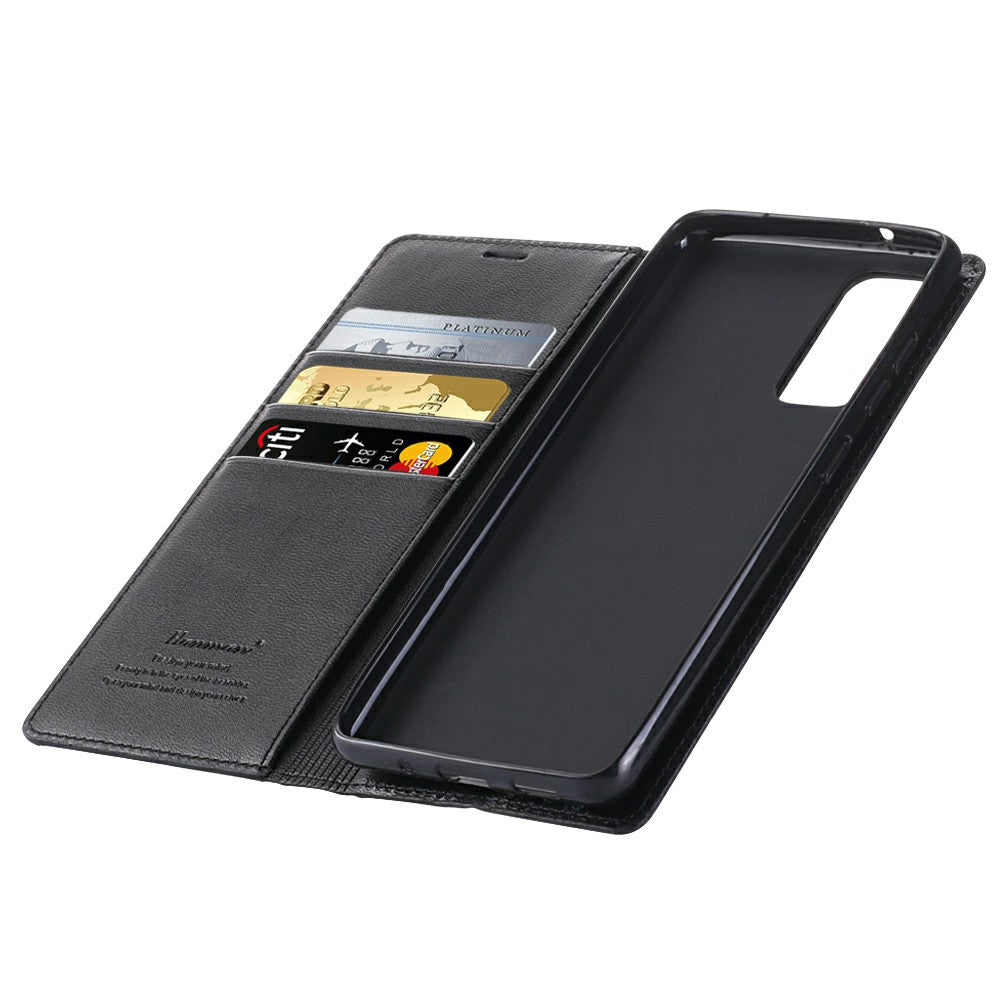 HANMAN Minuo Series for Samsung Galaxy S20 FE / S20 FE 5G / S20 FE 2022 / S20 Lite Wallet Phone Case PU Leather Foldable Stand Magnetic Cover - Black