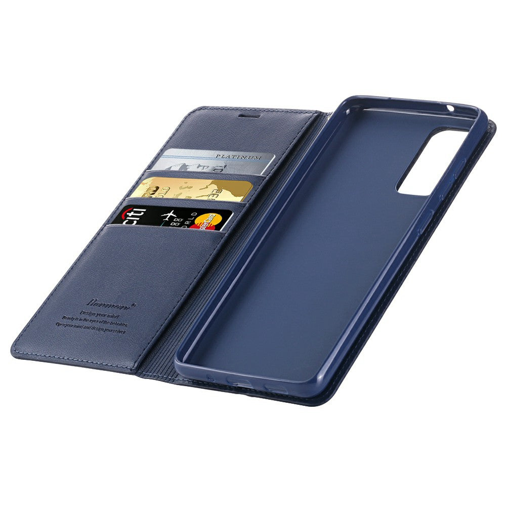 HANMAN Minuo Series for Samsung Galaxy S20 FE / S20 FE 5G / S20 FE 2022 / S20 Lite Wallet Phone Case PU Leather Foldable Stand Magnetic Cover - Blue