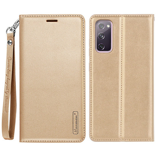 HANMAN Minuo Series for Samsung Galaxy S20 FE / S20 FE 5G / S20 FE 2022 / S20 Lite Wallet Phone Case PU Leather Foldable Stand Magnetic Cover - Gold