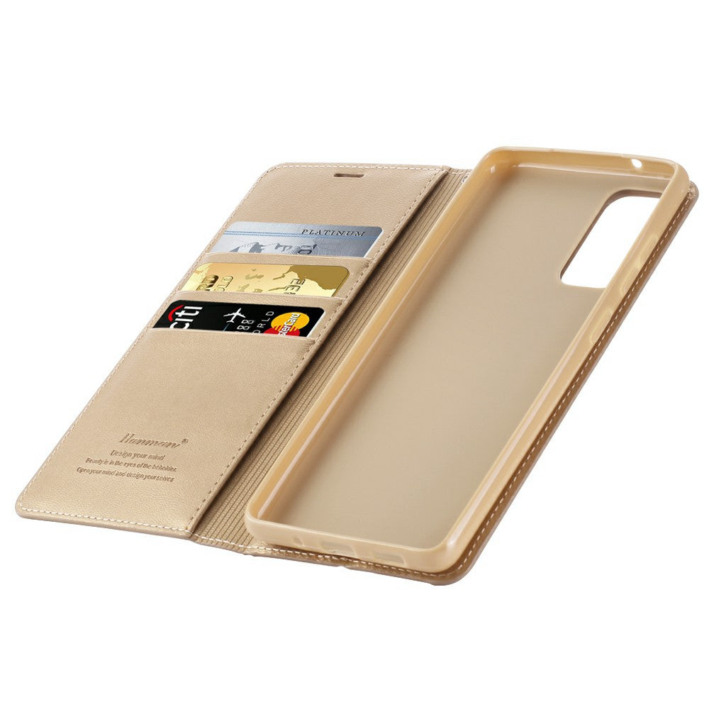 HANMAN Minuo Series for Samsung Galaxy S20 FE / S20 FE 5G / S20 FE 2022 / S20 Lite Wallet Phone Case PU Leather Foldable Stand Magnetic Cover - Gold