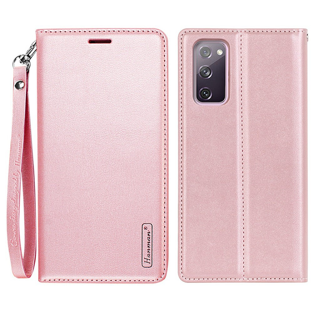HANMAN Minuo Series for Samsung Galaxy S20 FE / S20 FE 5G / S20 FE 2022 / S20 Lite Wallet Phone Case PU Leather Foldable Stand Magnetic Cover - Rose Gold