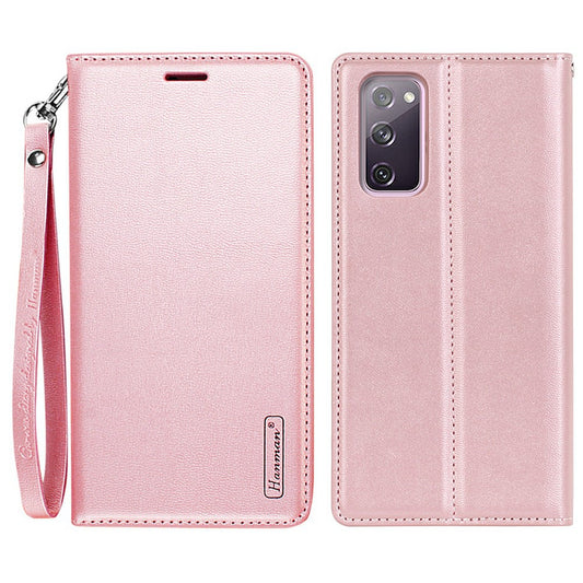 HANMAN Minuo Series for Samsung Galaxy S20 FE / S20 FE 5G / S20 FE 2022 / S20 Lite Wallet Phone Case PU Leather Foldable Stand Magnetic Cover - Rose Gold
