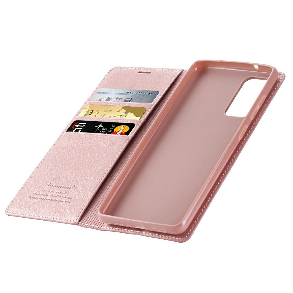 HANMAN Minuo Series for Samsung Galaxy S20 FE / S20 FE 5G / S20 FE 2022 / S20 Lite Wallet Phone Case PU Leather Foldable Stand Magnetic Cover - Rose Gold