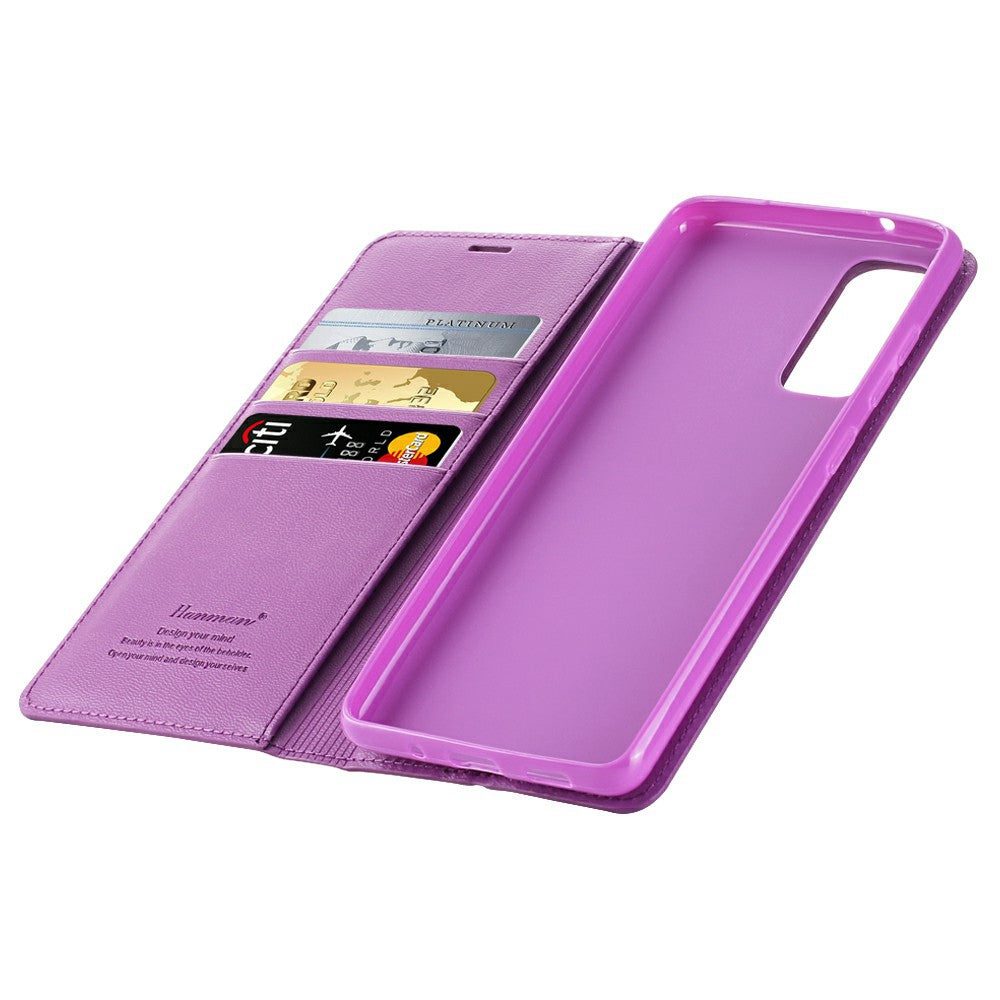 HANMAN Minuo Series for Samsung Galaxy S20 FE / S20 FE 5G / S20 FE 2022 / S20 Lite Wallet Phone Case PU Leather Foldable Stand Magnetic Cover - Purple