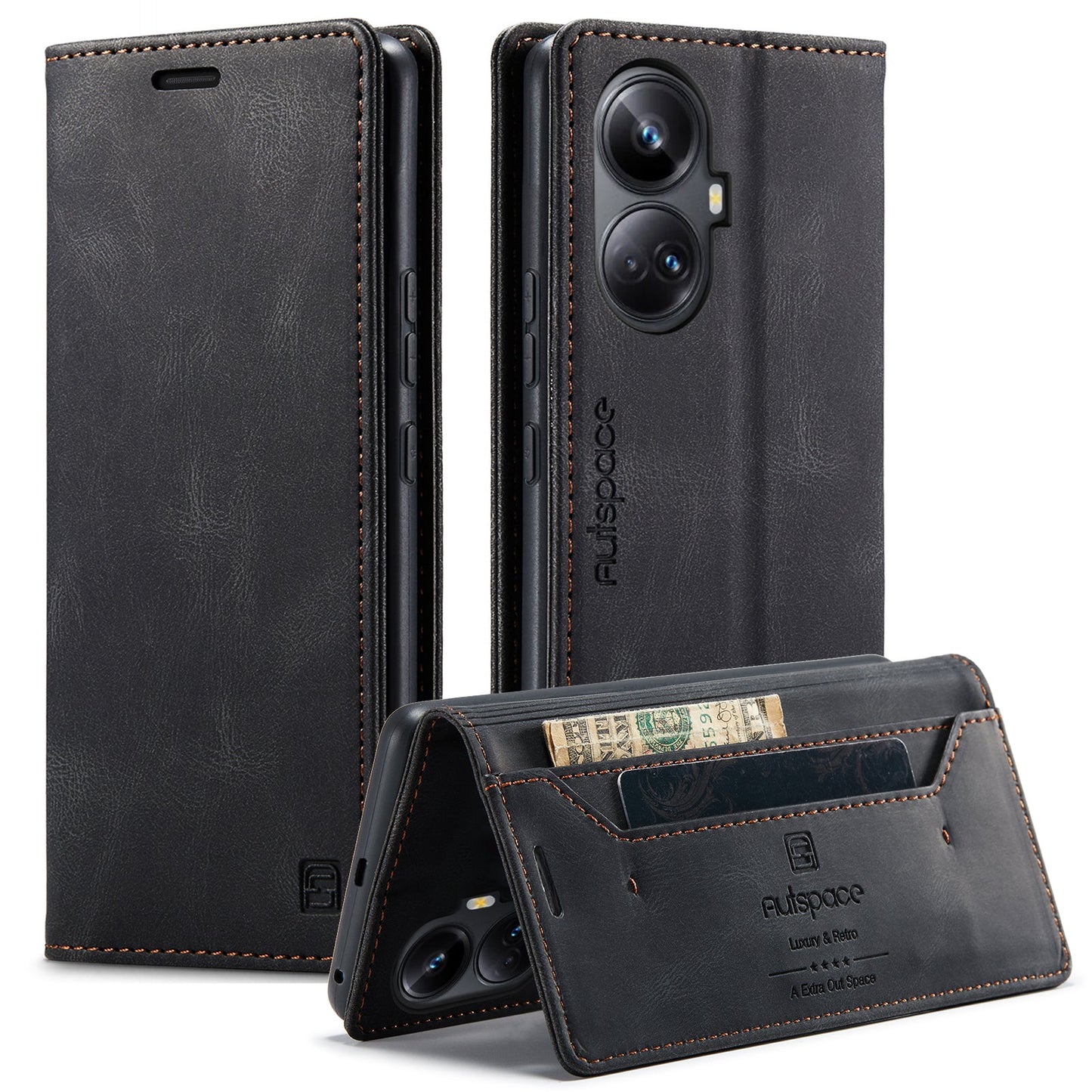 For Realme 10 Pro+ 5G Wallet Case AUTSPACE A01 Leather Stand Cover with RFID Blocking Card Holder - Black