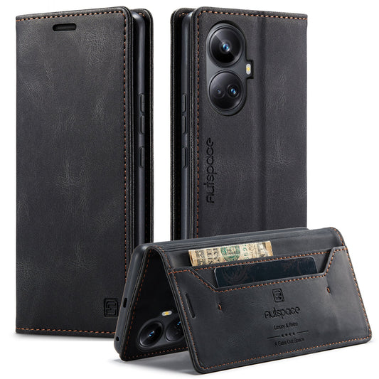 For Realme 10 Pro+ 5G Wallet Case AUTSPACE A01 Leather Stand Cover with RFID Blocking Card Holder - Black