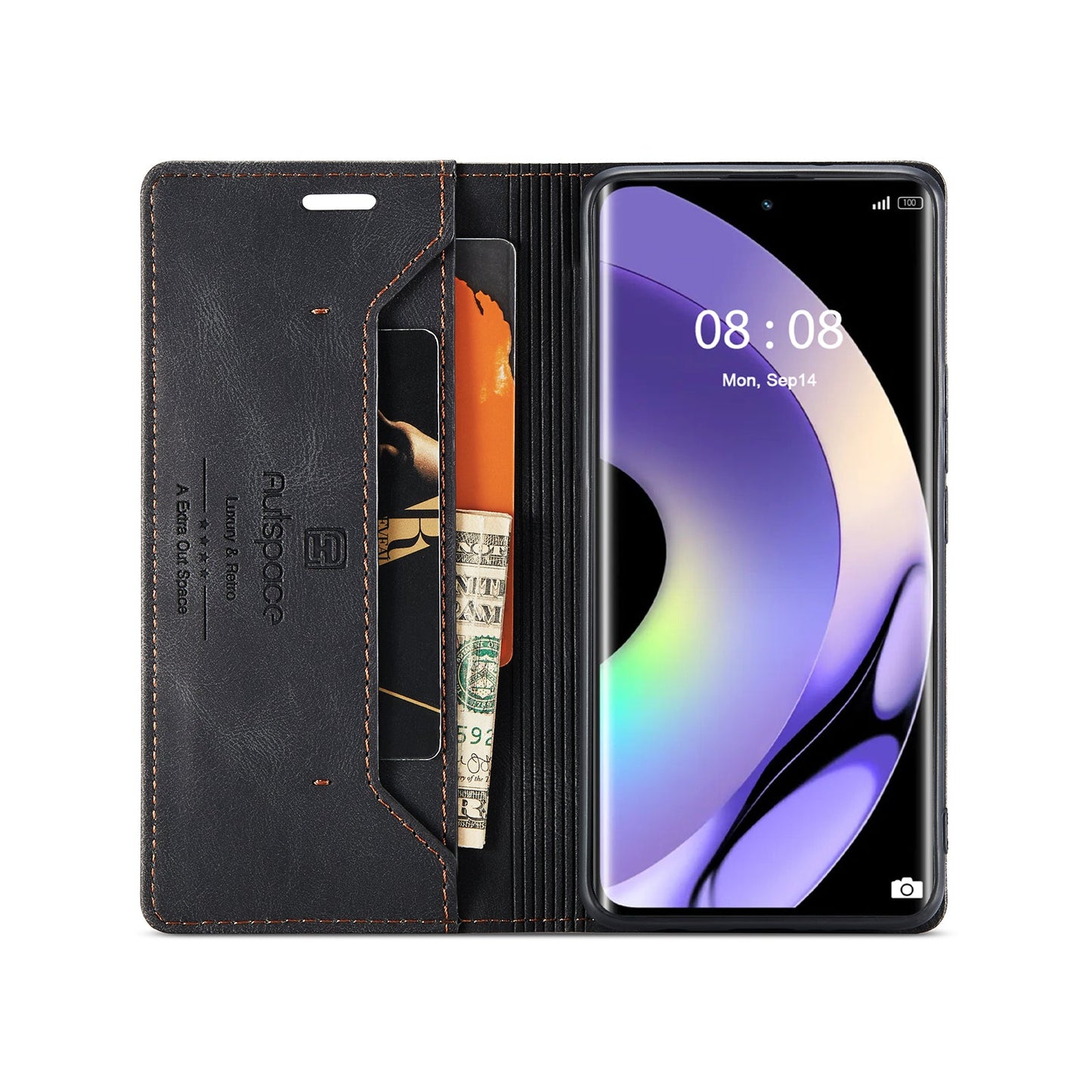 For Realme 10 Pro+ 5G Wallet Case AUTSPACE A01 Leather Stand Cover with RFID Blocking Card Holder - Black