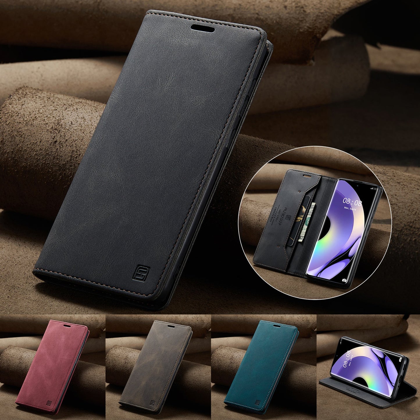 For Realme 10 Pro+ 5G Wallet Case AUTSPACE A01 Leather Stand Cover with RFID Blocking Card Holder - Black
