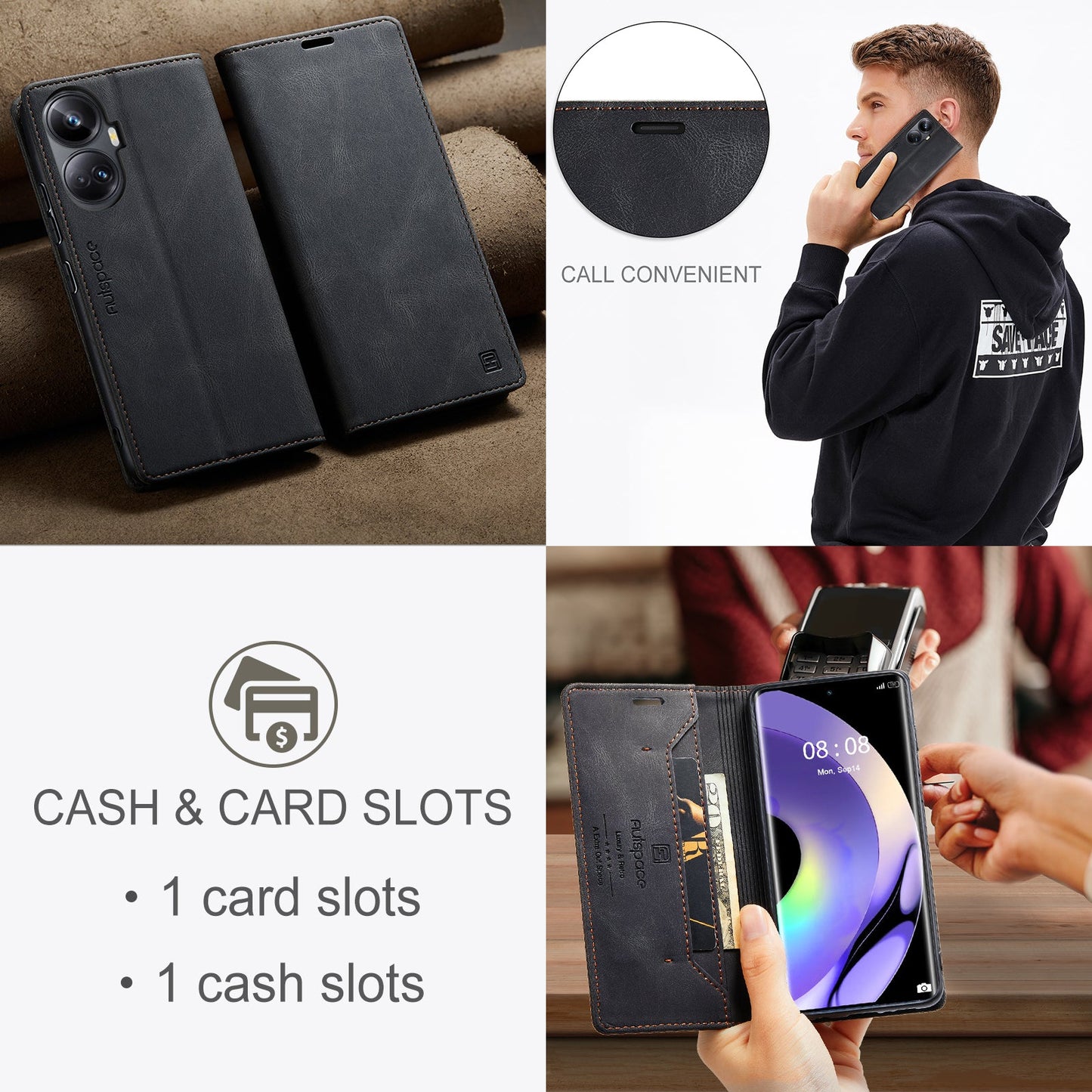 For Realme 10 Pro+ 5G Wallet Case AUTSPACE A01 Leather Stand Cover with RFID Blocking Card Holder - Black