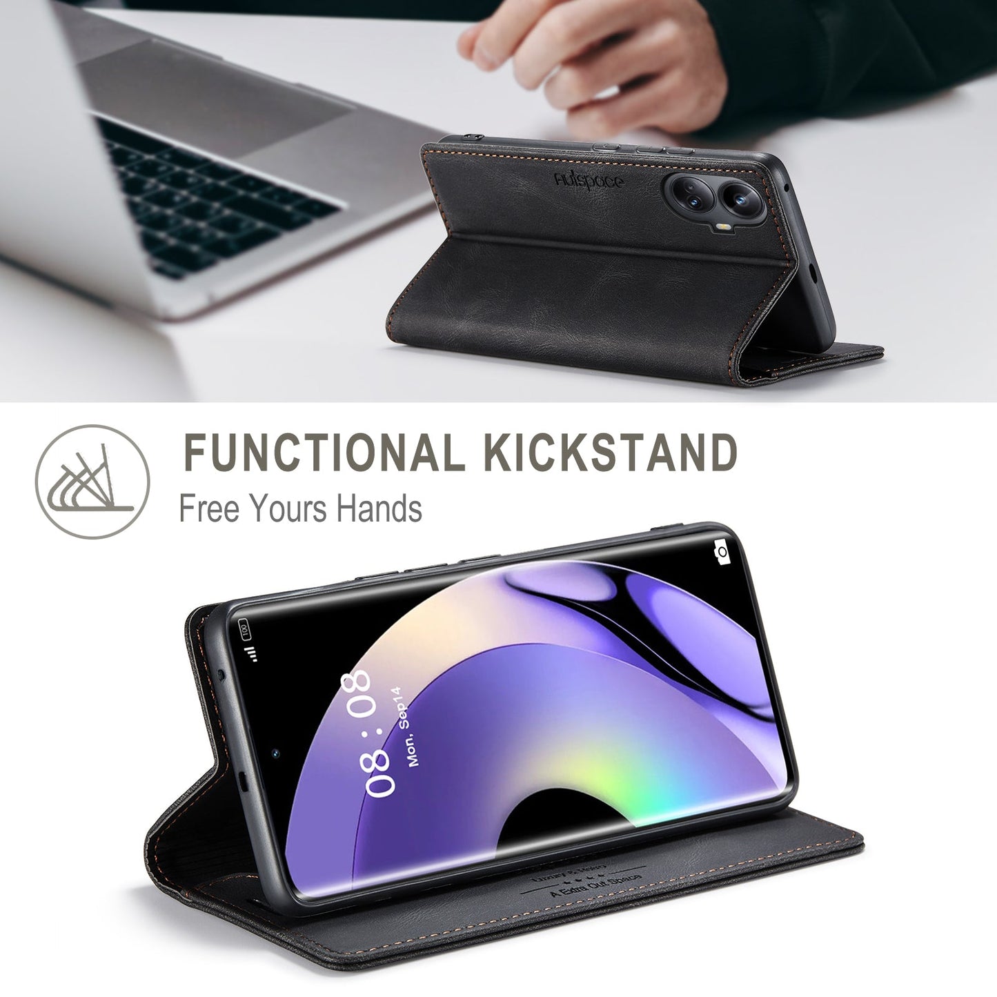For Realme 10 Pro+ 5G Wallet Case AUTSPACE A01 Leather Stand Cover with RFID Blocking Card Holder - Black