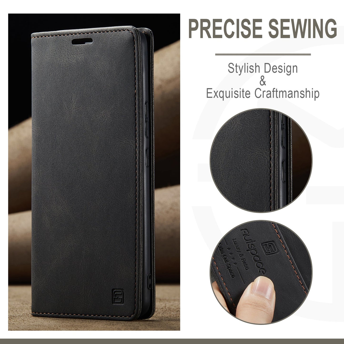 For Realme 10 Pro+ 5G Wallet Case AUTSPACE A01 Leather Stand Cover with RFID Blocking Card Holder - Black