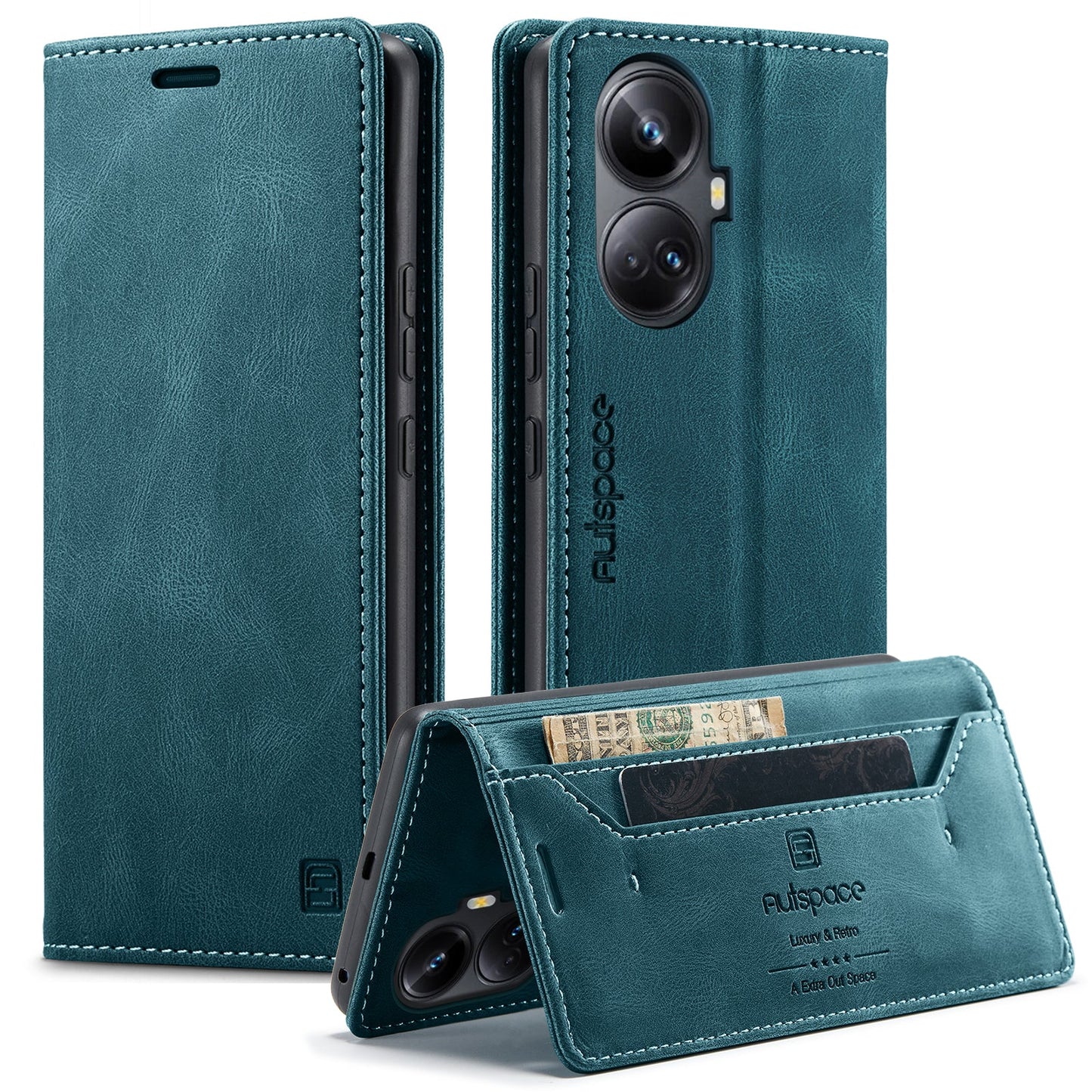 For Realme 10 Pro+ 5G Wallet Case AUTSPACE A01 Leather Stand Cover with RFID Blocking Card Holder - Blue