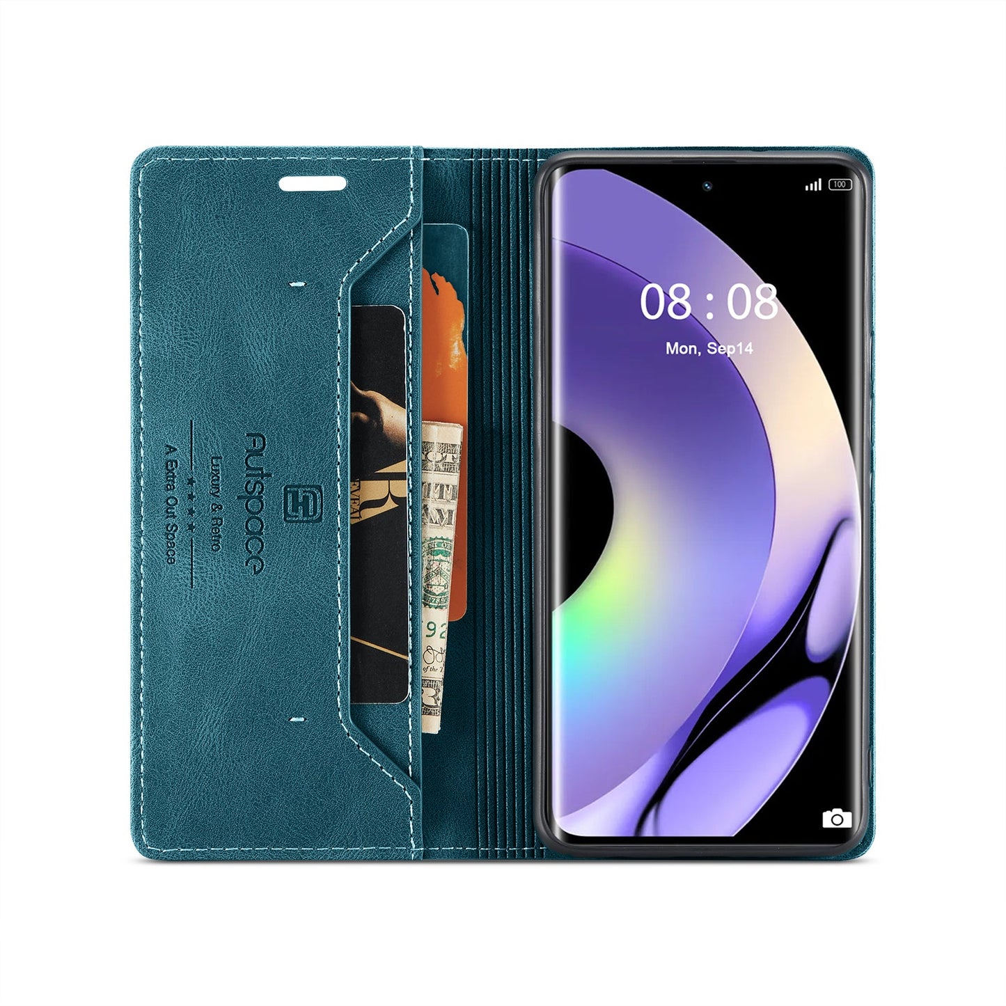 For Realme 10 Pro+ 5G Wallet Case AUTSPACE A01 Leather Stand Cover with RFID Blocking Card Holder - Blue