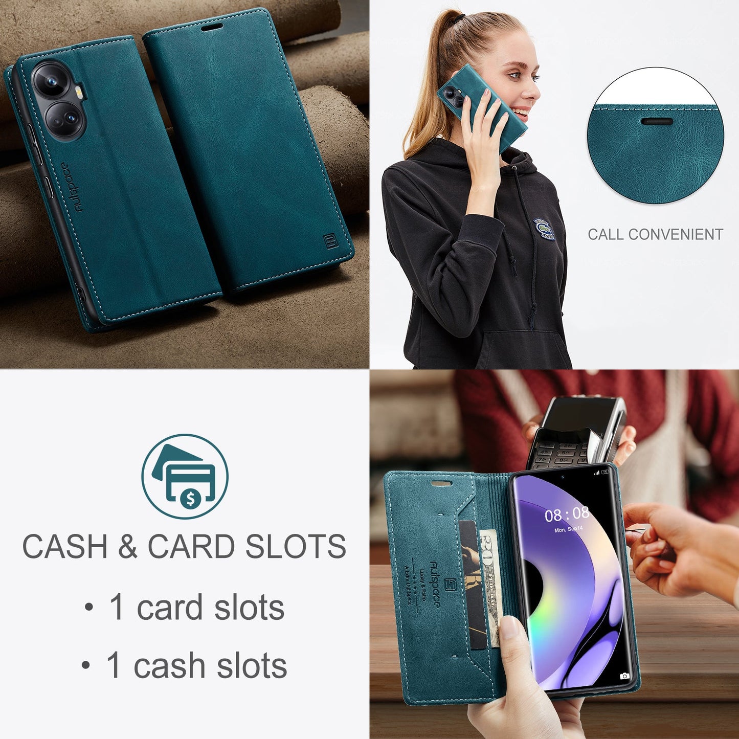 For Realme 10 Pro+ 5G Wallet Case AUTSPACE A01 Leather Stand Cover with RFID Blocking Card Holder - Blue