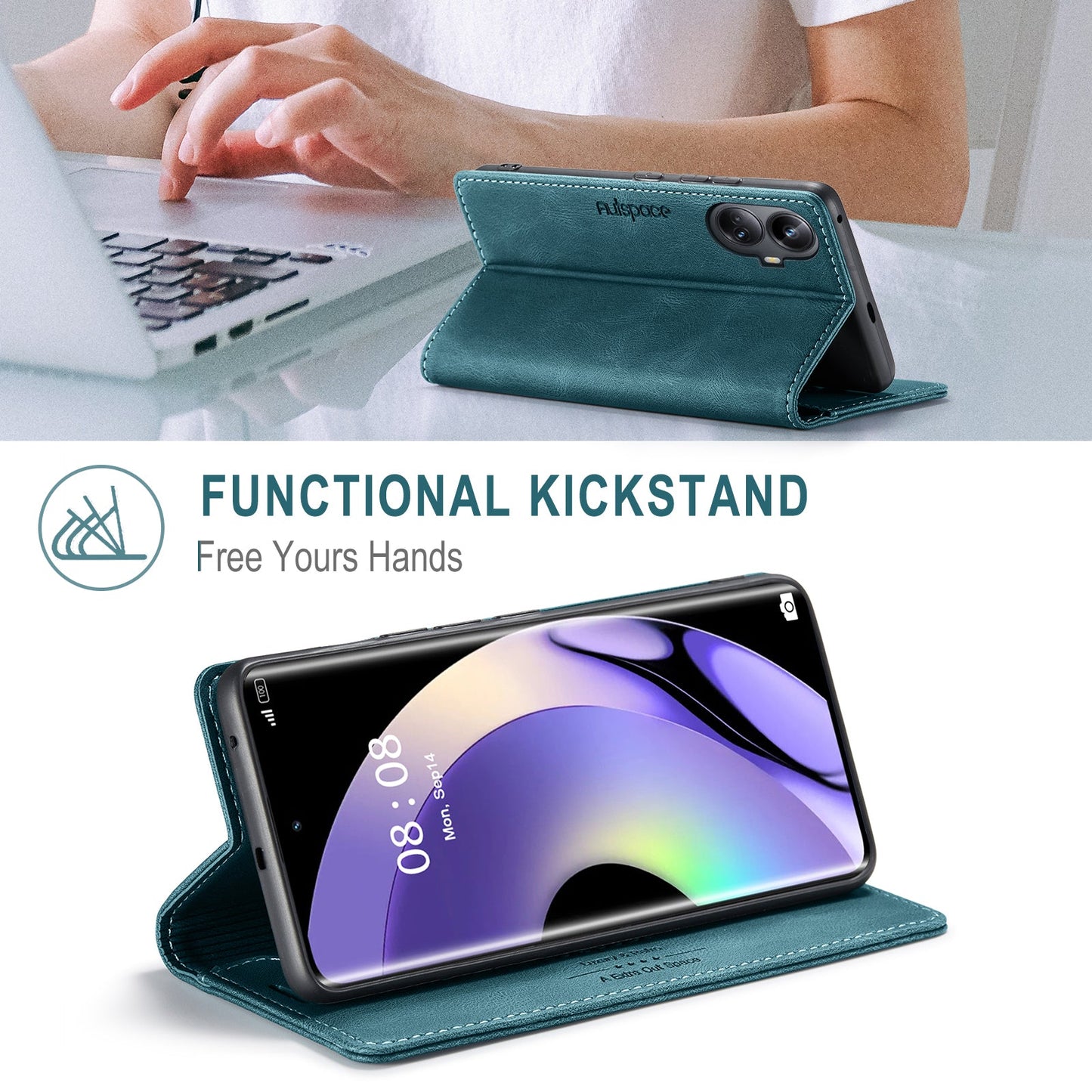 For Realme 10 Pro+ 5G Wallet Case AUTSPACE A01 Leather Stand Cover with RFID Blocking Card Holder - Blue
