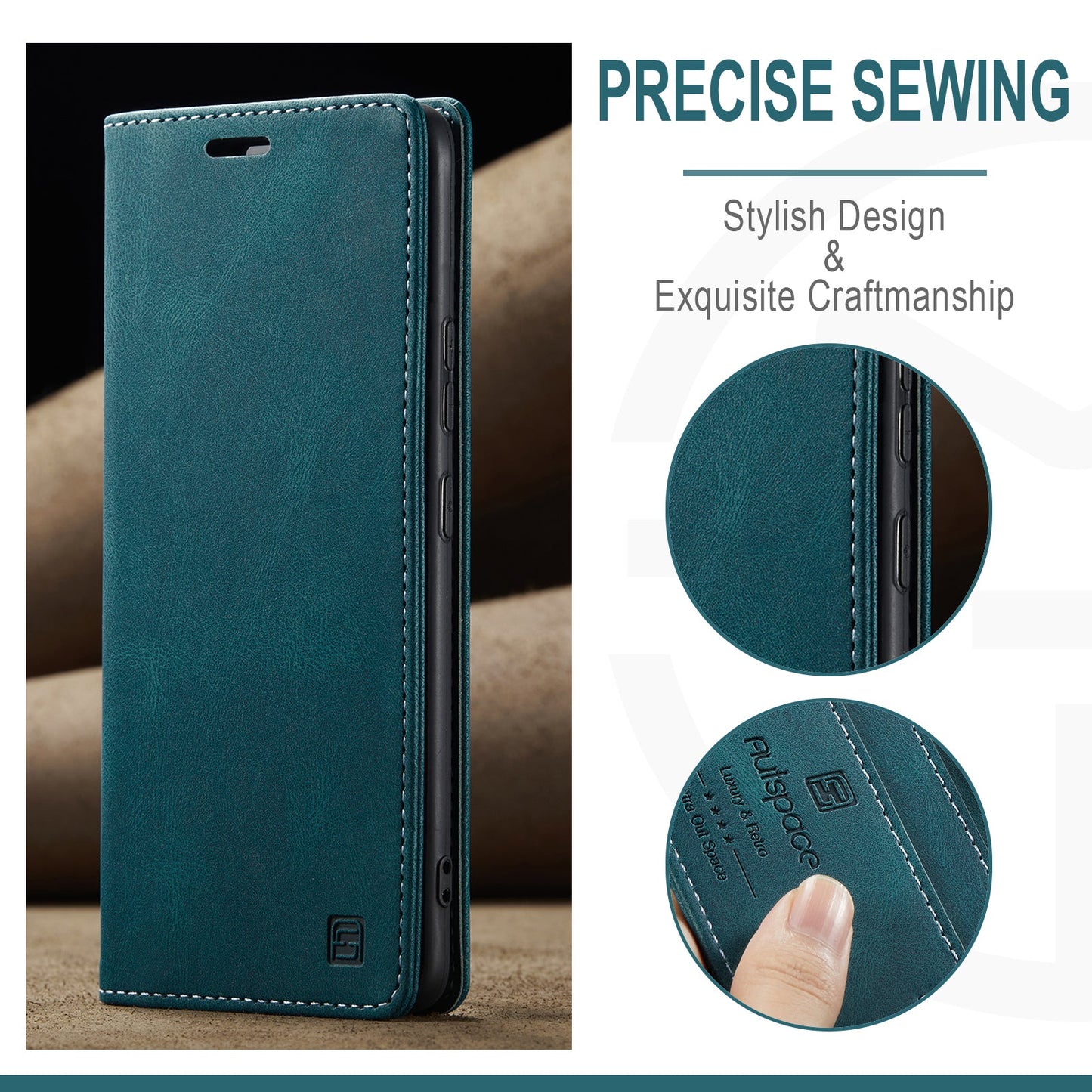 For Realme 10 Pro+ 5G Wallet Case AUTSPACE A01 Leather Stand Cover with RFID Blocking Card Holder - Blue