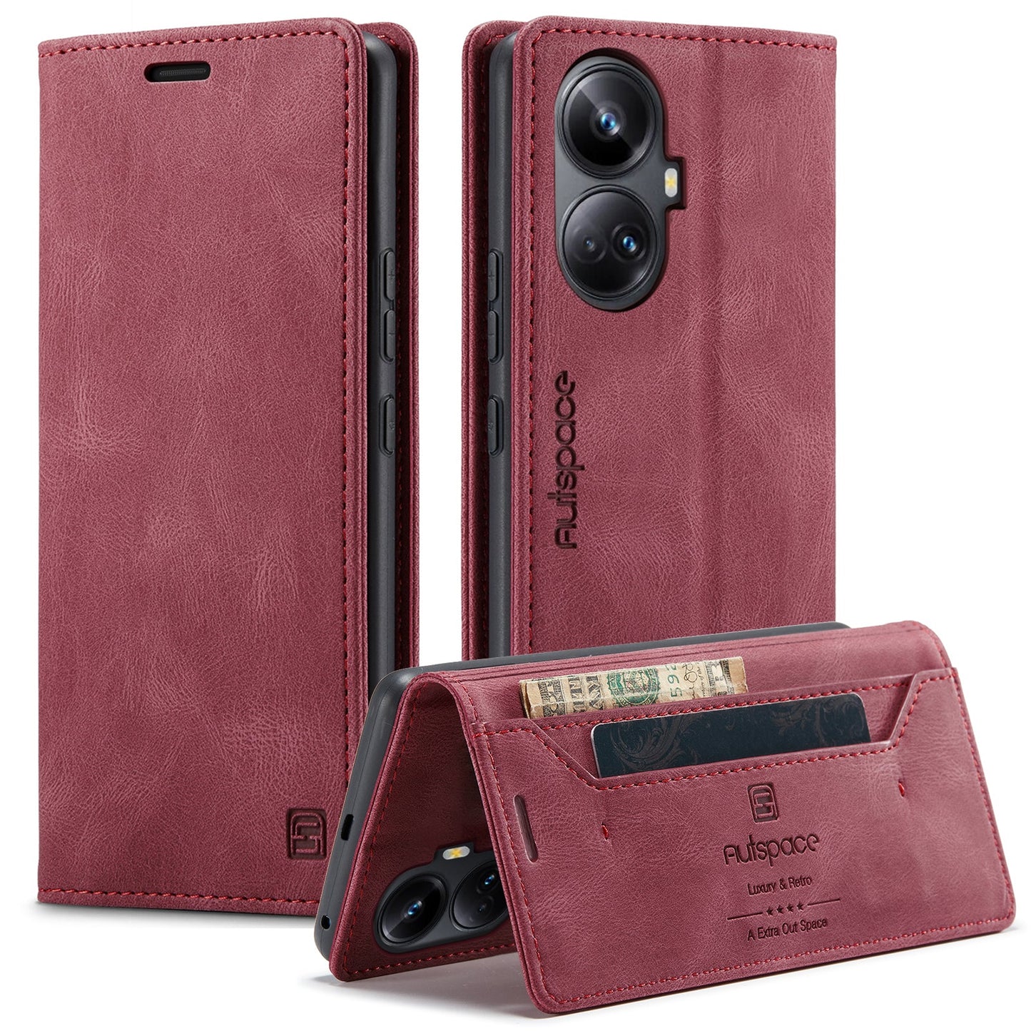 For Realme 10 Pro+ 5G Wallet Case AUTSPACE A01 Leather Stand Cover with RFID Blocking Card Holder - Red