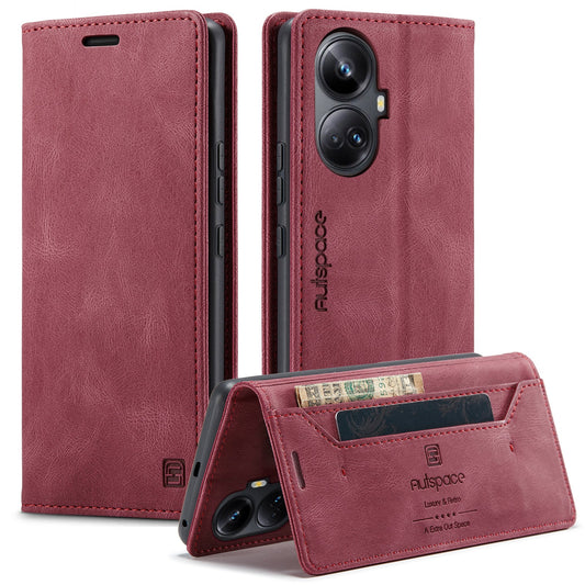 For Realme 10 Pro+ 5G Wallet Case AUTSPACE A01 Leather Stand Cover with RFID Blocking Card Holder - Red