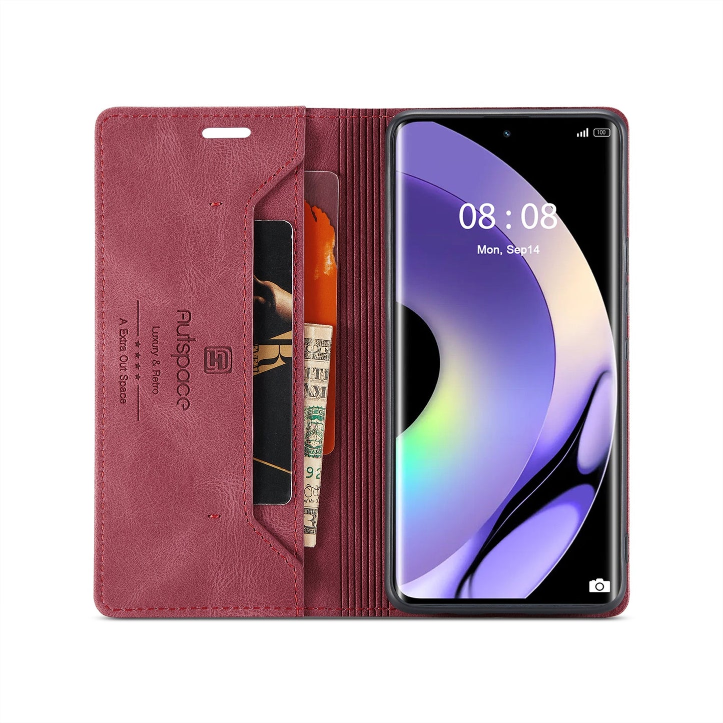 For Realme 10 Pro+ 5G Wallet Case AUTSPACE A01 Leather Stand Cover with RFID Blocking Card Holder - Red