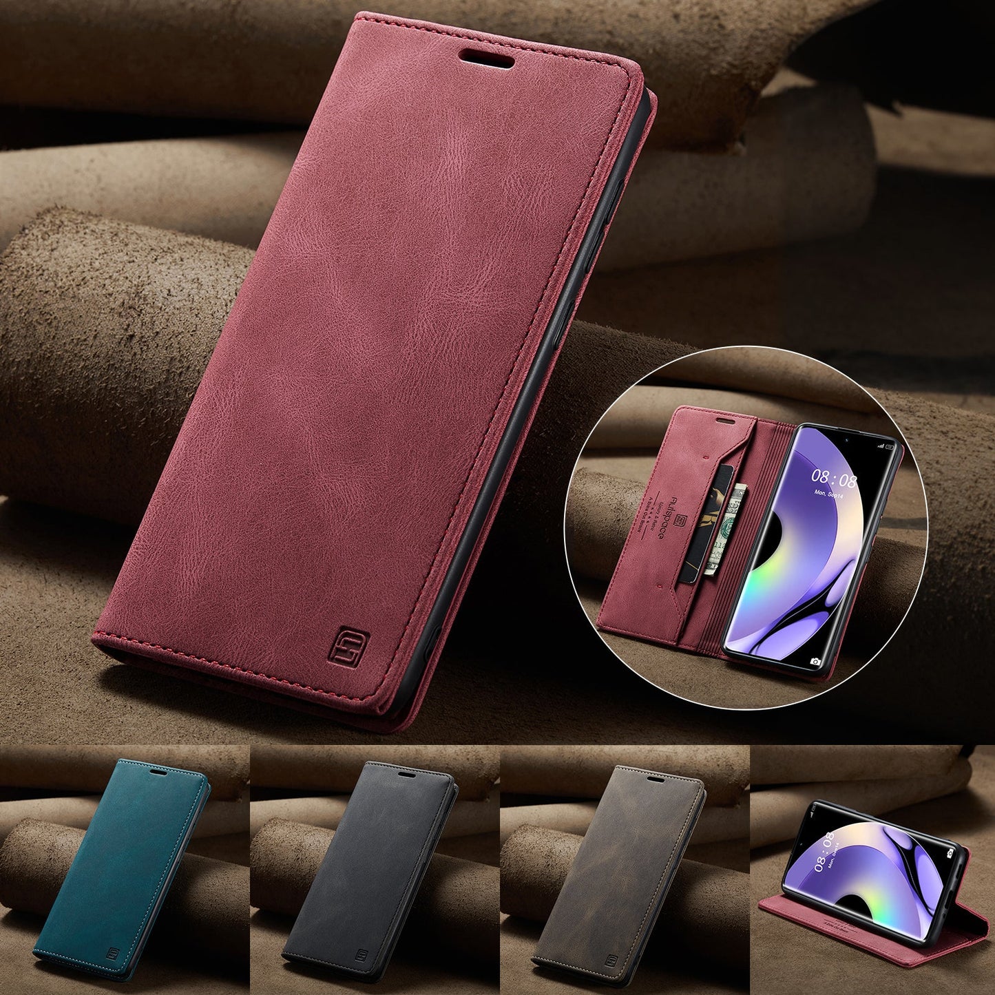 For Realme 10 Pro+ 5G Wallet Case AUTSPACE A01 Leather Stand Cover with RFID Blocking Card Holder - Red