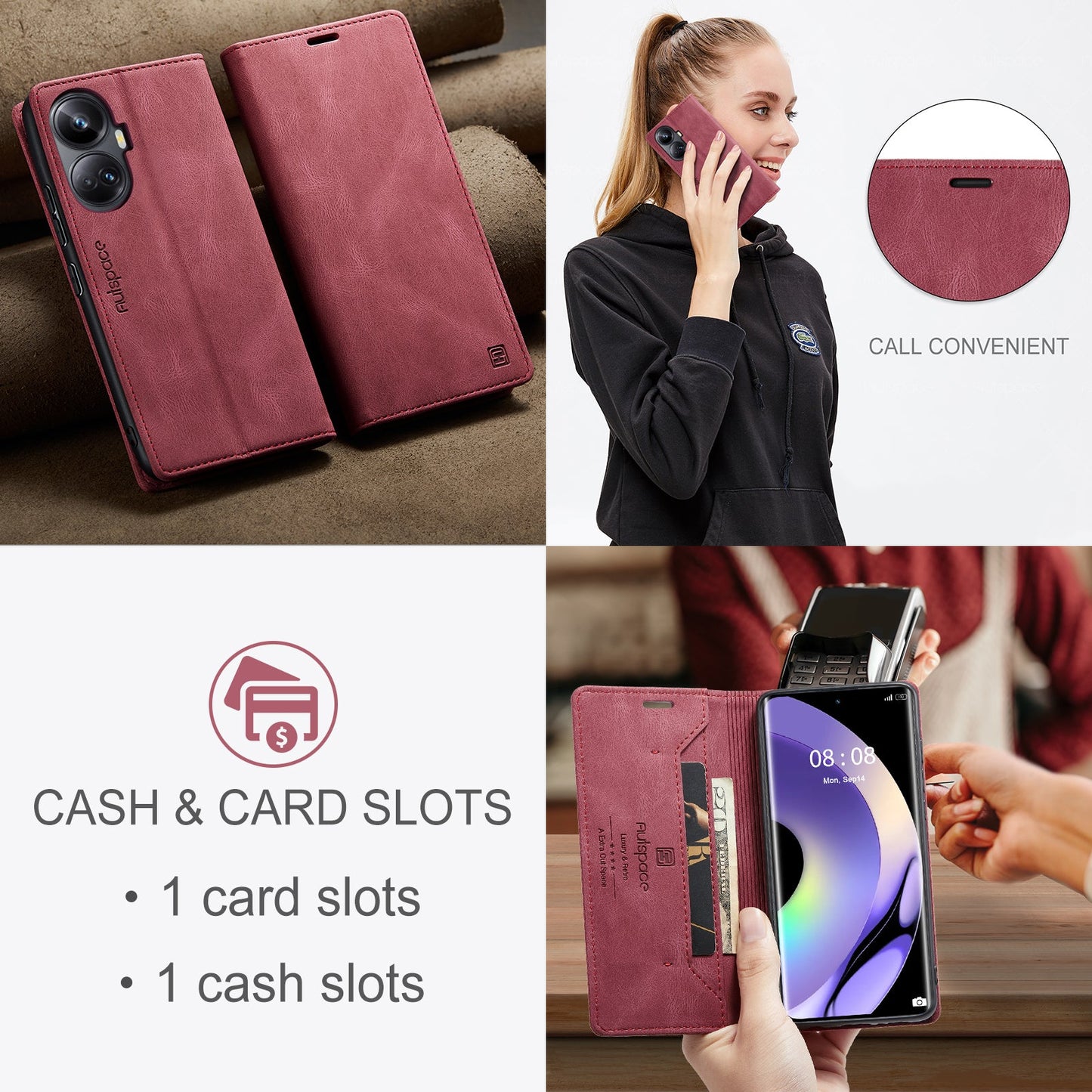 For Realme 10 Pro+ 5G Wallet Case AUTSPACE A01 Leather Stand Cover with RFID Blocking Card Holder - Red