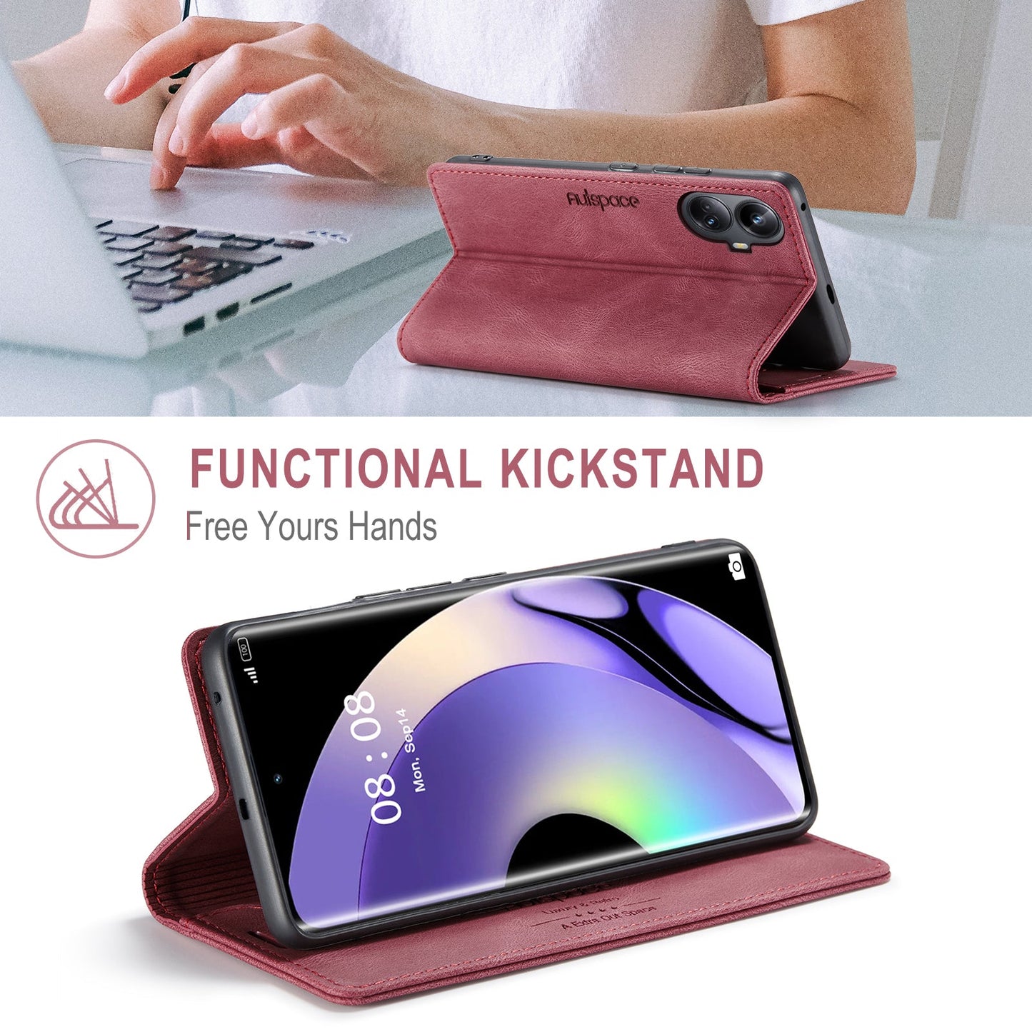 For Realme 10 Pro+ 5G Wallet Case AUTSPACE A01 Leather Stand Cover with RFID Blocking Card Holder - Red
