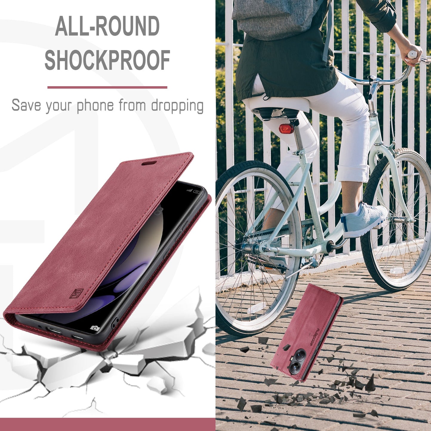 For Realme 10 Pro+ 5G Wallet Case AUTSPACE A01 Leather Stand Cover with RFID Blocking Card Holder - Red