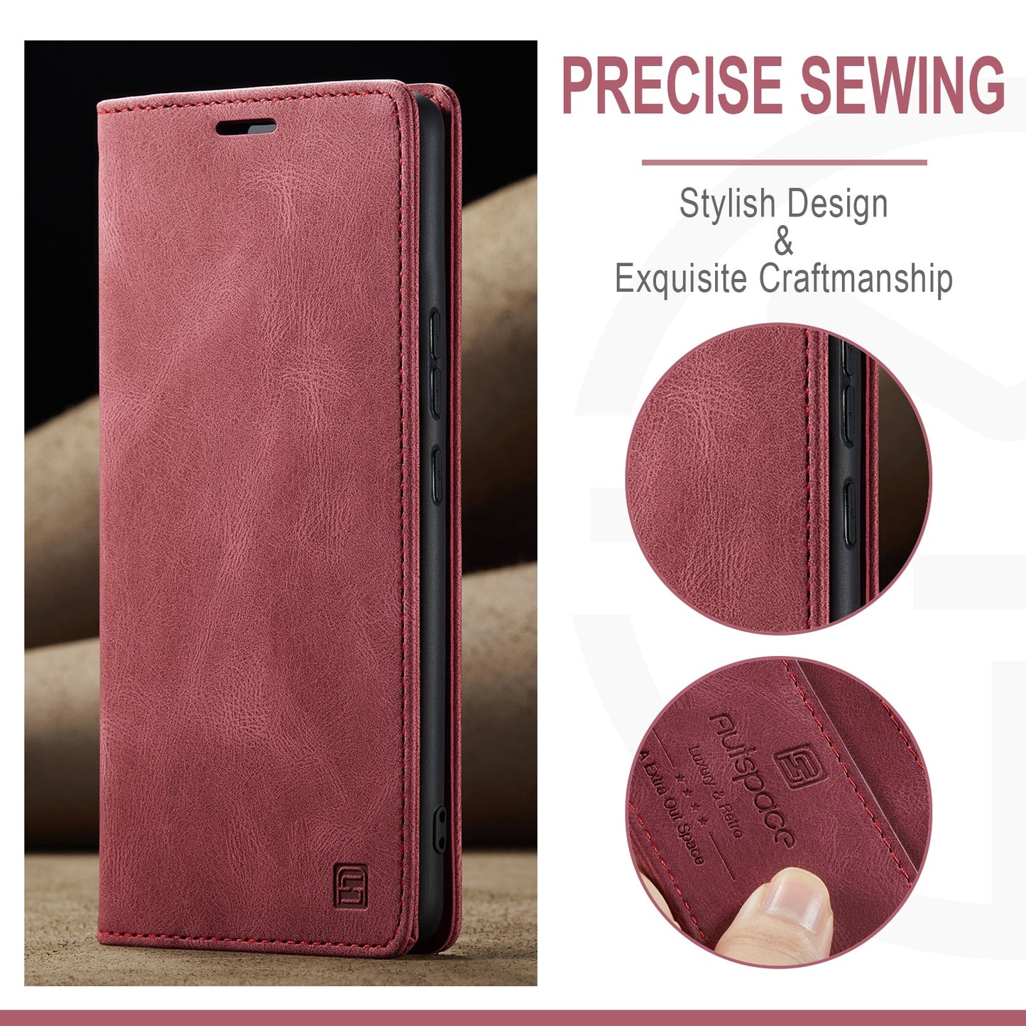 For Realme 10 Pro+ 5G Wallet Case AUTSPACE A01 Leather Stand Cover with RFID Blocking Card Holder - Red