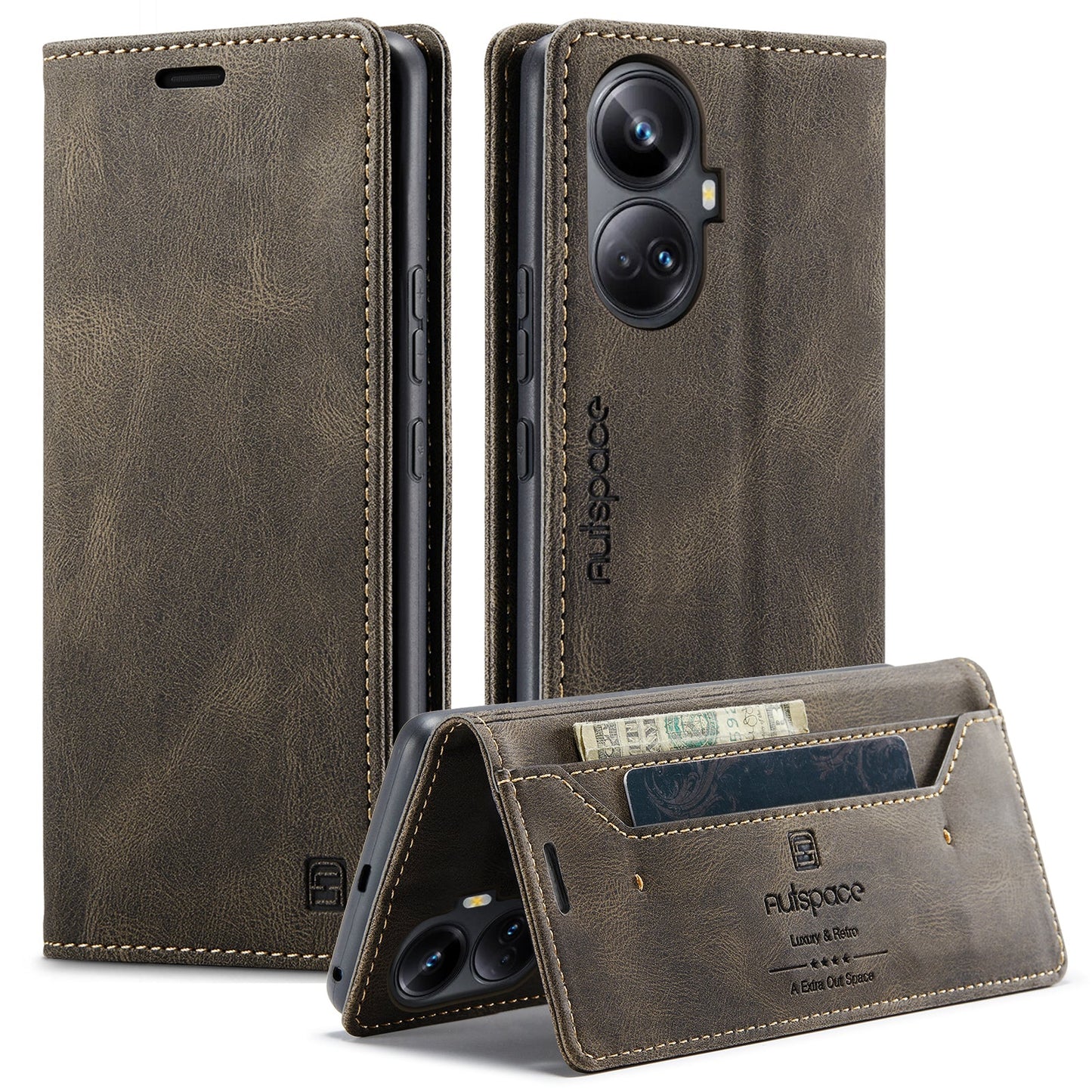 For Realme 10 Pro+ 5G Wallet Case AUTSPACE A01 Leather Stand Cover with RFID Blocking Card Holder - Coffee