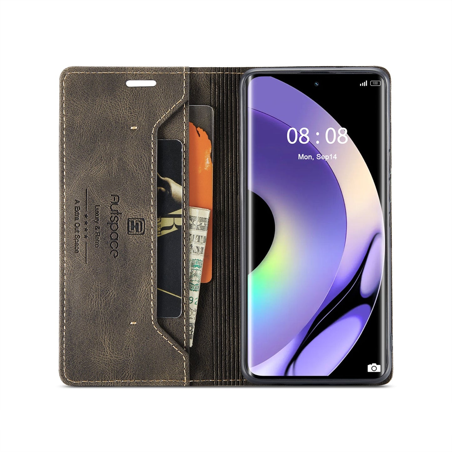 For Realme 10 Pro+ 5G Wallet Case AUTSPACE A01 Leather Stand Cover with RFID Blocking Card Holder - Coffee