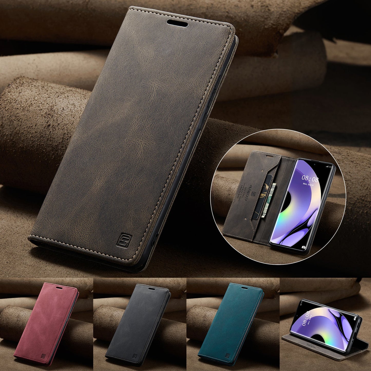 For Realme 10 Pro+ 5G Wallet Case AUTSPACE A01 Leather Stand Cover with RFID Blocking Card Holder - Coffee